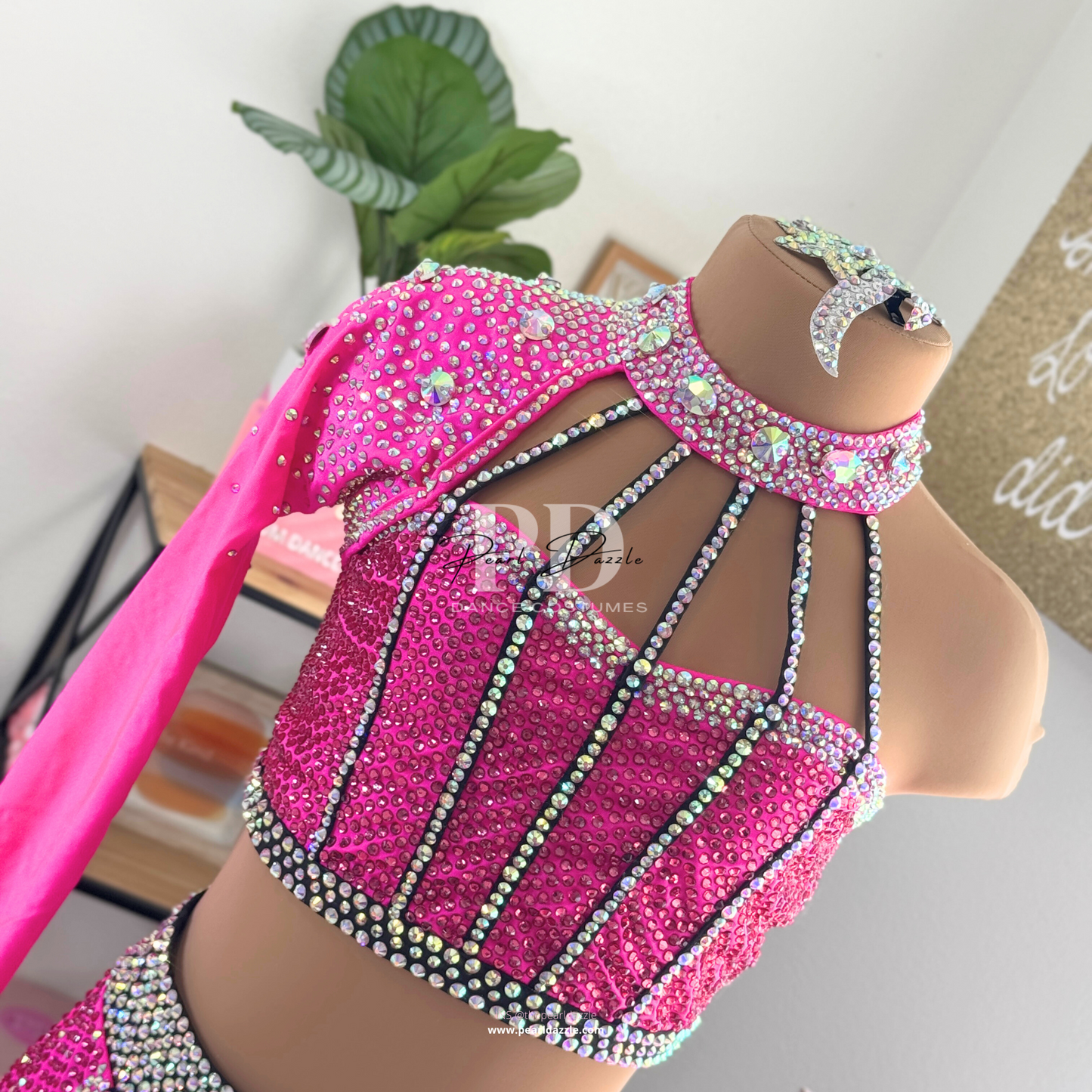 Pearl Dazzle -Neon Pink Black Straps Jazz Costume