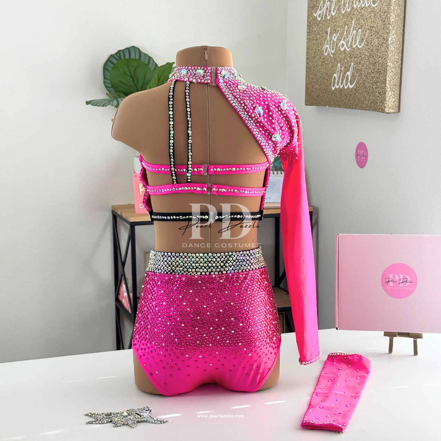 Pearl Dazzle -Neon Pink Black Straps Jazz Costume