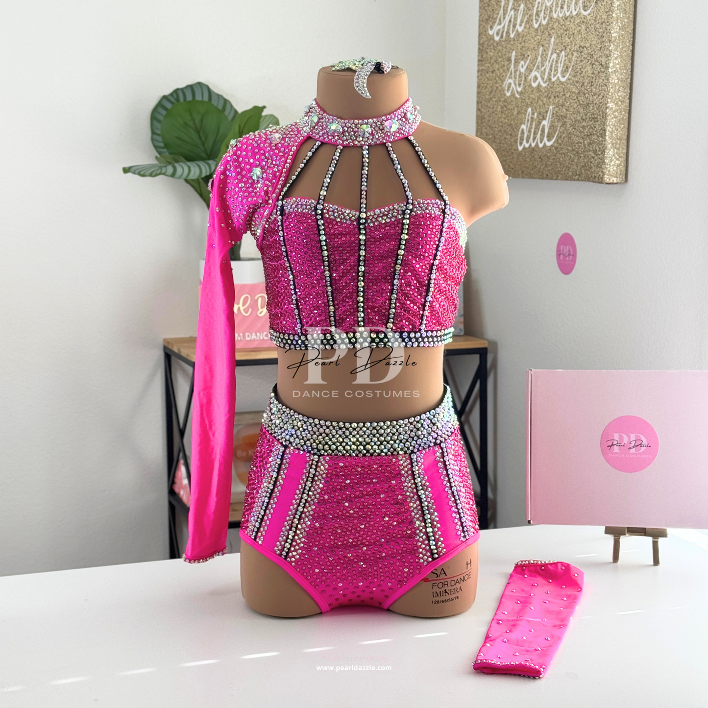 Pearl Dazzle -Neon Pink Black Straps Jazz Costume