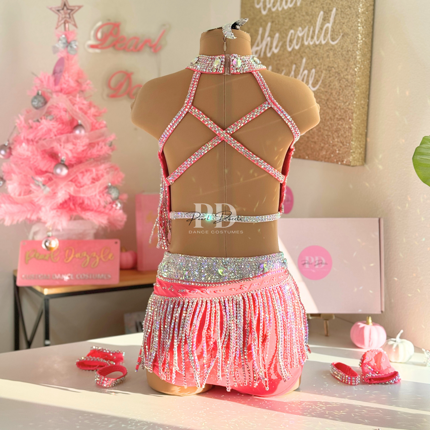 Made to order -Guava Pink Sparkle fringes Jazz  Dance Costume